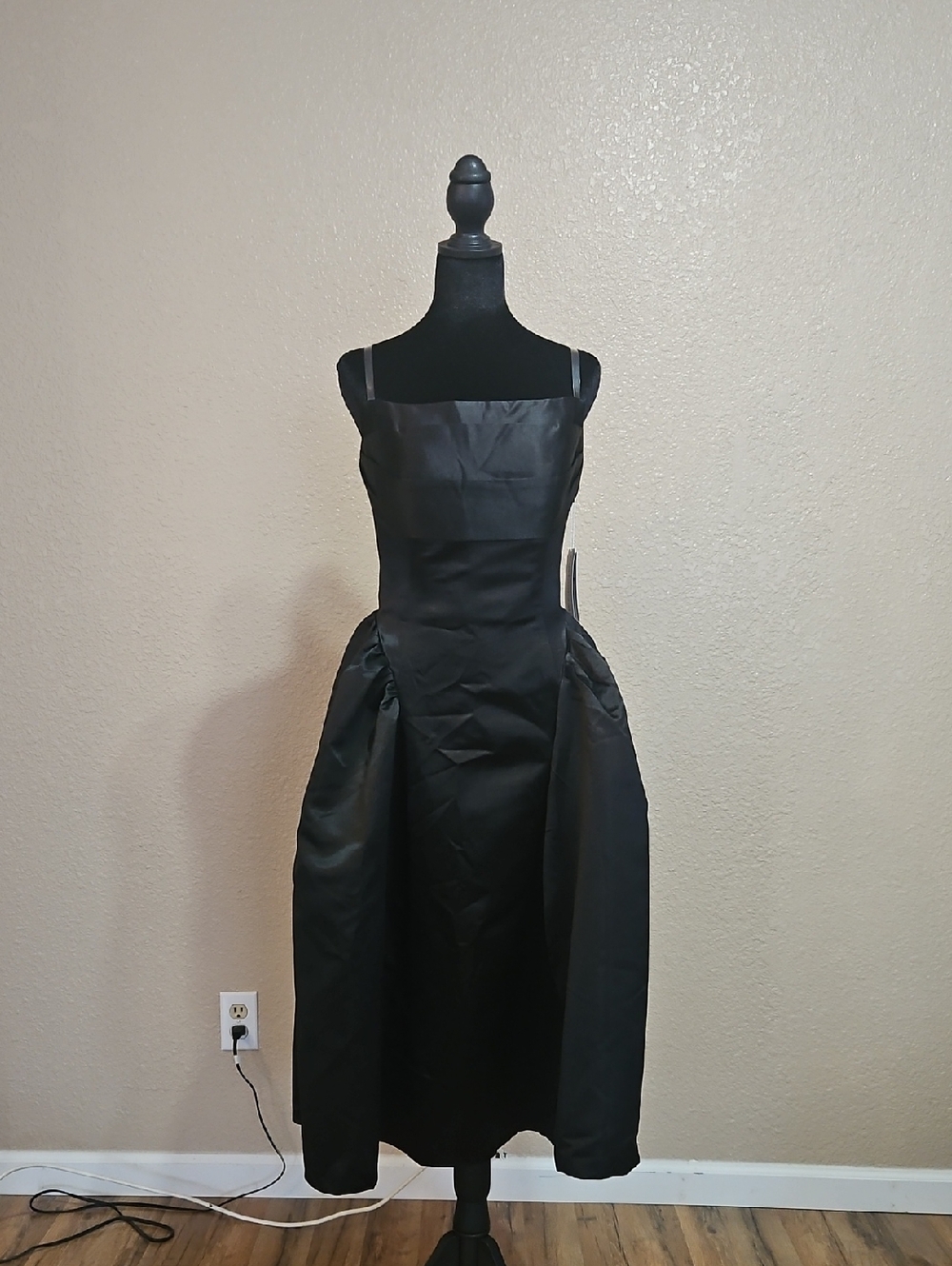 Classic Black Satin Midi Dress with Square Neck